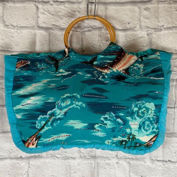 VTG Marlin Tropical Hawaiian Beaded Tote Handbag Purse Swordfish Bamboo Handles - Picture 3 of 16